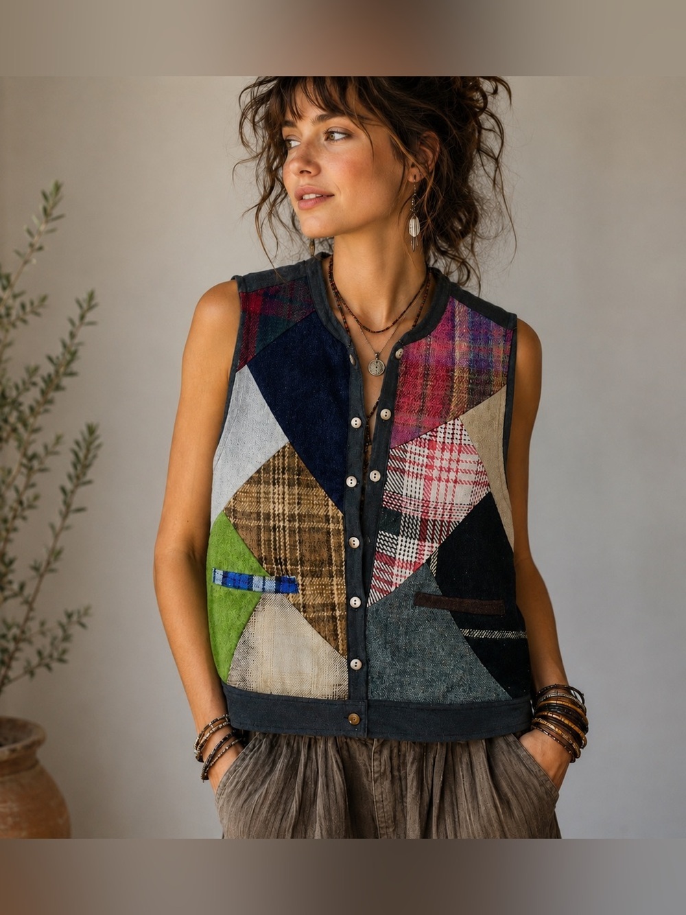 Vintage Sacred Threads 100% Wool Preppy Boho Colorful Plaid Patchwork Vest, M/L